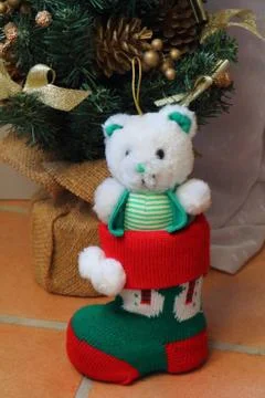 Teddy bear in a wool sock Foto stock