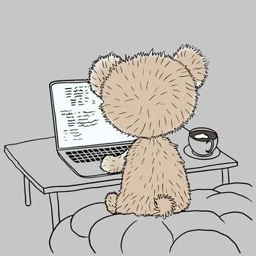 A teddy bear is working on a laptop. Vector cartoon illustration. Stock Illustration