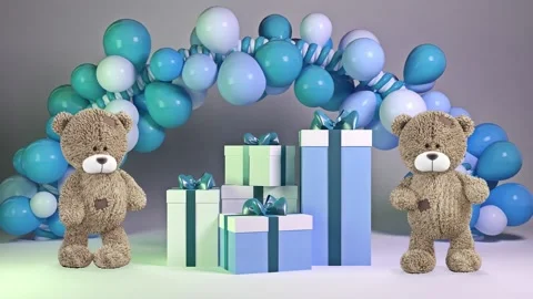 Teddy Bears are dancing near to blue gifts and balloons 库存影片 163294751
