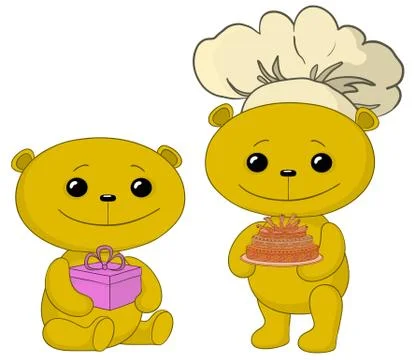Teddy bears with cake and gift box Stock Illustration