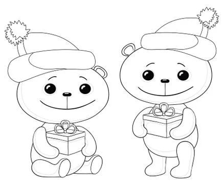 Teddy bears with gift boxes, contours Stock Illustration
