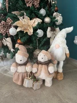 Teddy bears under the festive tree Stock Photos