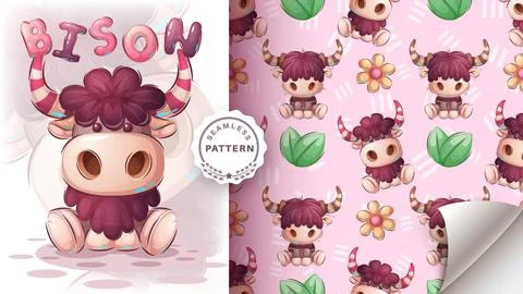 Teddy bison animal - seamless pattern Stock Illustration