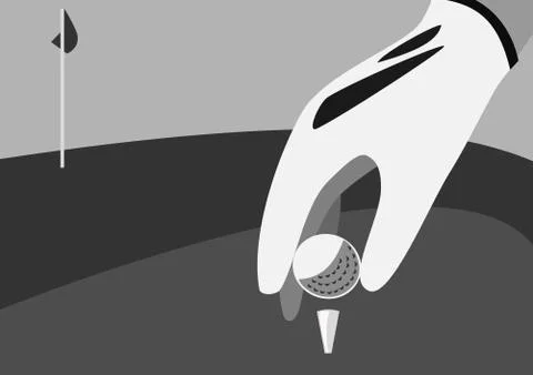 Tee box of golf with hand ball golf club black and white Stock Illustration