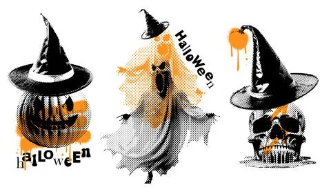 Tee prints set with Portrait of a skull in a witchee's hat, scarry ghost and Stock Illustration
