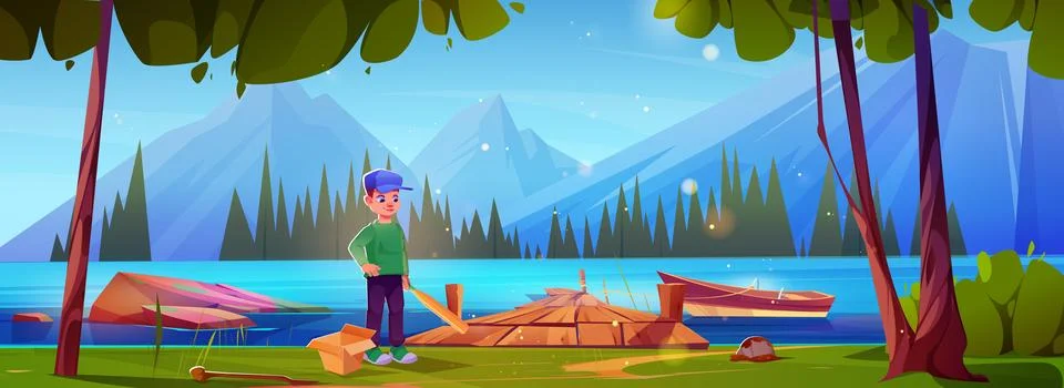 Teen boy hold baseball bit on river or lake bank Stock Illustration
