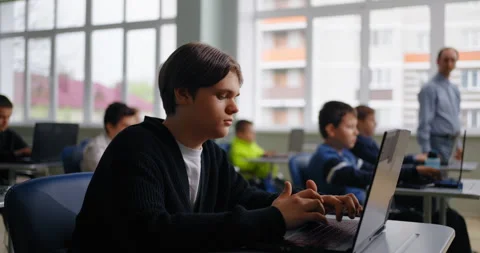 Teen Boy Learning Computer Science In School, Portrait Of Pupil Working With Stock Footage 280173740
