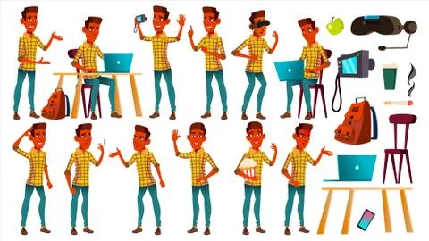 Teen Boy Poses Set Vector. Indian, Hindu. Asian. Face. Children. For Web Stock Illustration