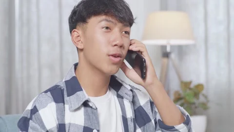 Teen Boy Talking On Smartphone While Sitting On Sofa In The Living Room At Home Stock Footage 247982818