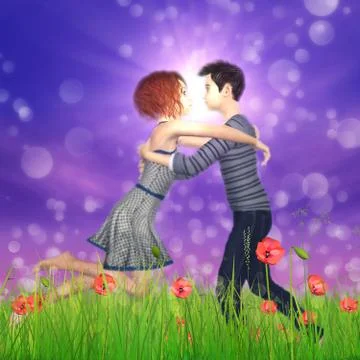 Teen couple on poppy field Ilustração Stock