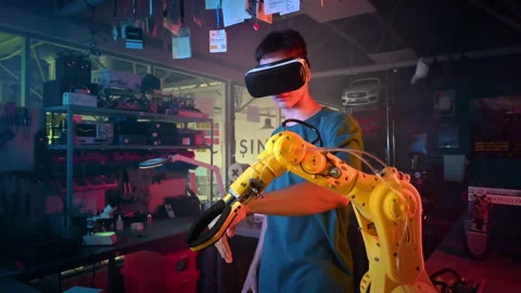 Teen doing experiments in robotics in a laboratory. Boy in VR headset Stock Footage 247297608