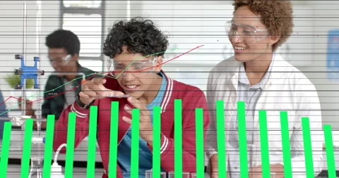 Teen leaning over bench using pipet testing vial in science lab, TA watching, Stock Footage 332468057