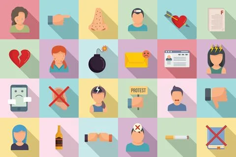 Teen problems icons set, flat style Illustrazione stock
