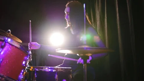 Teen rock music - gothic girl percussion drummer, slider Stock Footage