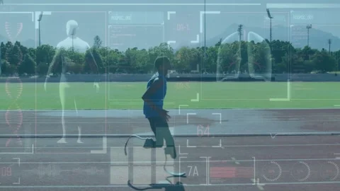 Teen runner starting drill, training and leaping over hurdles while tech HUD Stock Footage 333552676