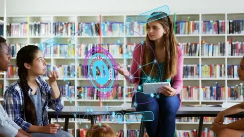 Teen student tapping tablet, activating AR AI node web among peers, clustering 스톡 동영상 333774871