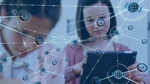 Teen student tapping tablet, creating node network with globe and graph icons, Video stock 329931426