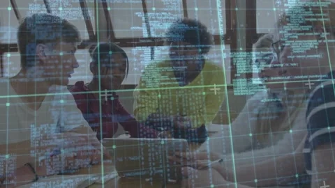 Teen students collaborating on code around table girl gesturing toward laptop Stock Footage 320127991