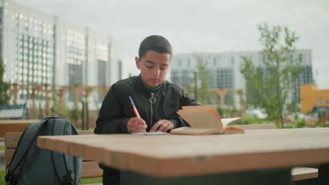 Teen Taking Notes with Open Novel on Outdoor Bench Stock Footage 318861935