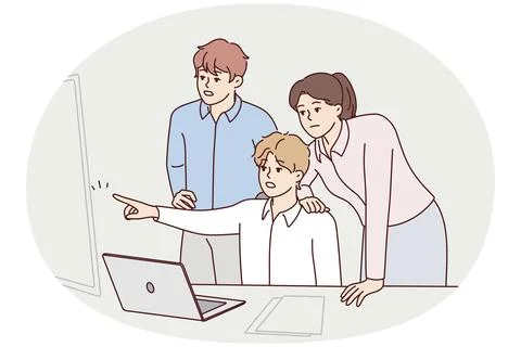 Teenage boy with afraid face points finger at window drawing attention parents Stock Illustration