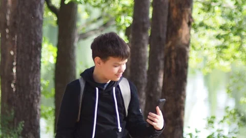 Teenage boy with a backpack in the forest, taking a selfie on a smartphone Stock Footage 274882468