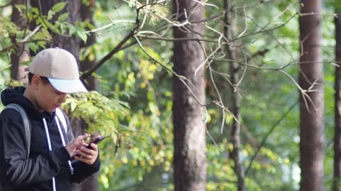 Teenage boy with a backpack in the forest, taking a selfie on a smartphone Stock Footage 274884531