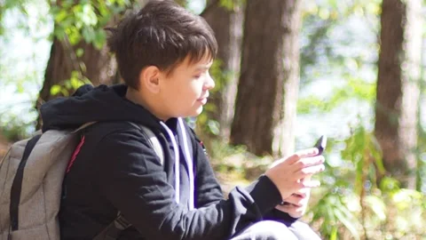 Teenage boy with a backpack in the forest, taking a selfie on a smartphone Stock Footage 274884538