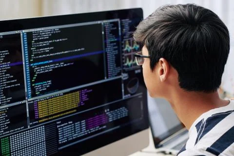 Teenage boy checking programming code 스톡 사진