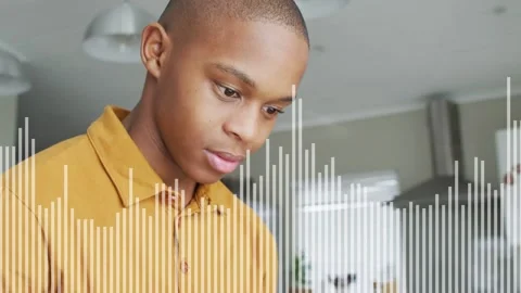 Teenage boy in kitchen, tech audio starting with waveform overlay drawing him Stock Footage 333575400