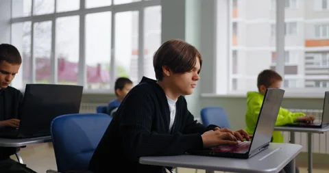 Teenage Boy Learning In Coding Class In School, Portrait Of Young School Student Stock Footage 280177335