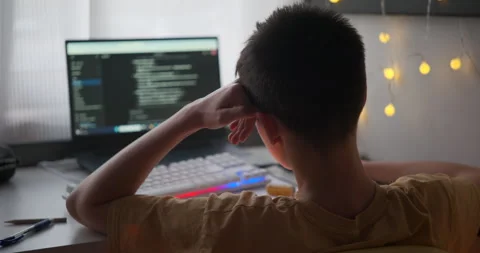 Teenage Boy Learning Programming Code on Laptop at Home Stock Footage 323460630