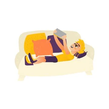 Teenage boy lying on sofa, using tablet gadget Stock Illustration