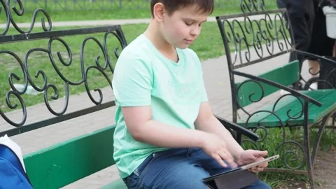 Teenage Boy On Park Bench Using Laptop And Digital Tablet chatting Stock Footage 154794896