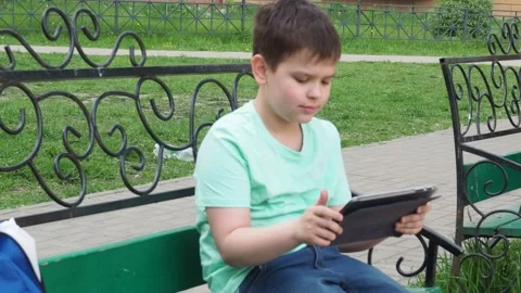 Teenage Boy On Park Bench Using Laptop And Digital Tablet chatting 库存影片 154796368