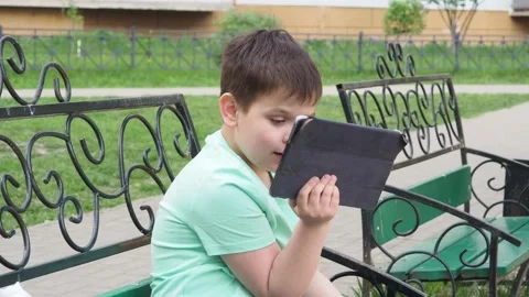 Teenage Boy On Park Bench Using Laptop And Digital Tablet chatting Stockbeeldmateriaal 154816394
