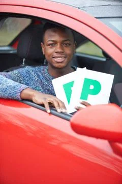 Teenage Boy Recently Passed Driving Test Holding P Plates Stock Photos