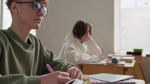 Teenage Boy Taking Lecture Notes from Chalkboard at Desk During School Class Stockbeeldmateriaal 335691352