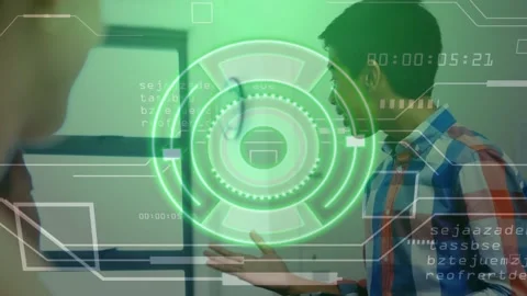 Teenage boy tapping tablet while explaining data in lab with rotating AR Stock Footage 329226175