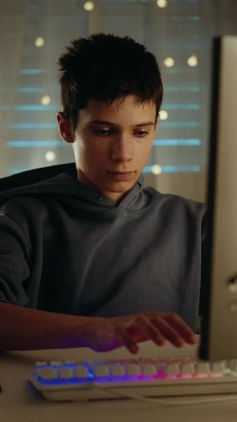 Teenage Boy Using a Computer with a Backlit Keyboard at Home Stock Footage 336316795