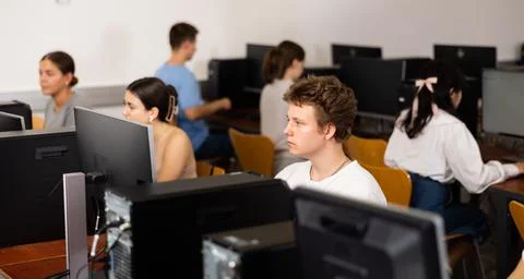 Teenage boy using computer during lesson Foto stock