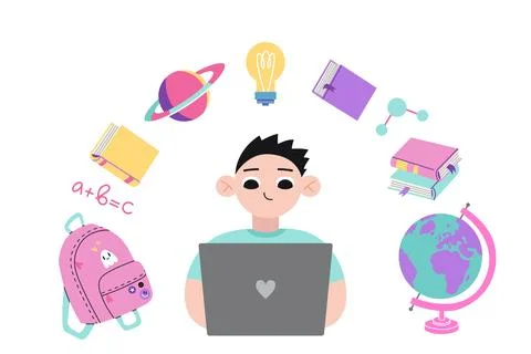 Teenage boy using laptop computer to study, cartoon style. Books, backpack,.. Illustrazione stock