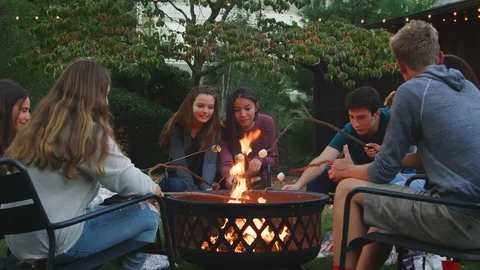Teenage friends talk round a firepit, toasting marshmallows Stock Footage