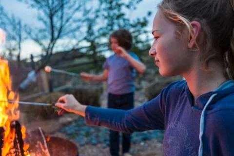 A teenage girl making smores with her brother over a fire in a garden at dusk. Stock Photos