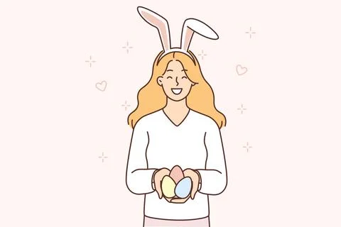Teenage girl with rabbit ears on head holds Easter eggs prepared for religious Stock Illustration