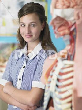 Teenage Girl Standing By Anatomical Model Stock-Fotos