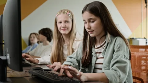 Teenage Girls Learning Coding in Computer Science Classroom Video stock 342818995