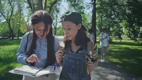 Teenage Students Walking in Park While Studying Together Stock Footage 340254940