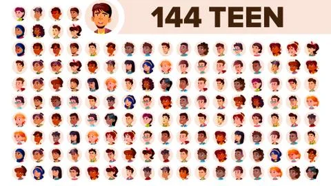 Teenager Avatar Set Vector. Multi Racial. Face Emotions. Multinational User Stock Illustration