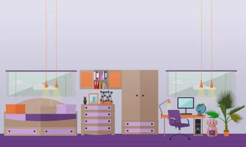 Teenager bedroom interior objects in flat style. Vector illustration. House room Stock Illustration