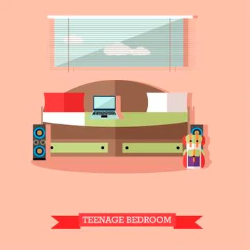 Teenager bedroom interior objects in flat style. Vector illustration. House room イラスト素材